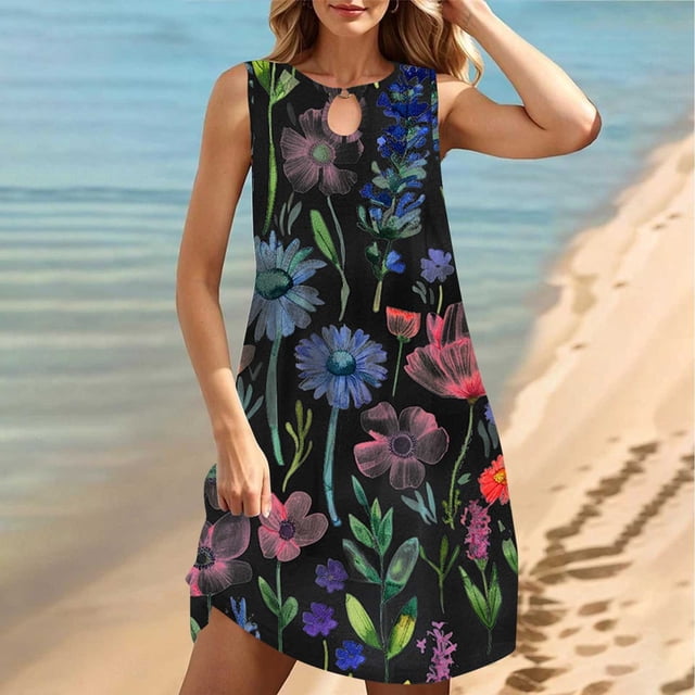 FcBaudy Robe Sans Manches Col Rond, Robes d'Été pour Femmes, Robes pour Femmes Col Rond Sans Manches Dégradé Teinture sur Nœuds Robe de Plage Robe pour Femmes