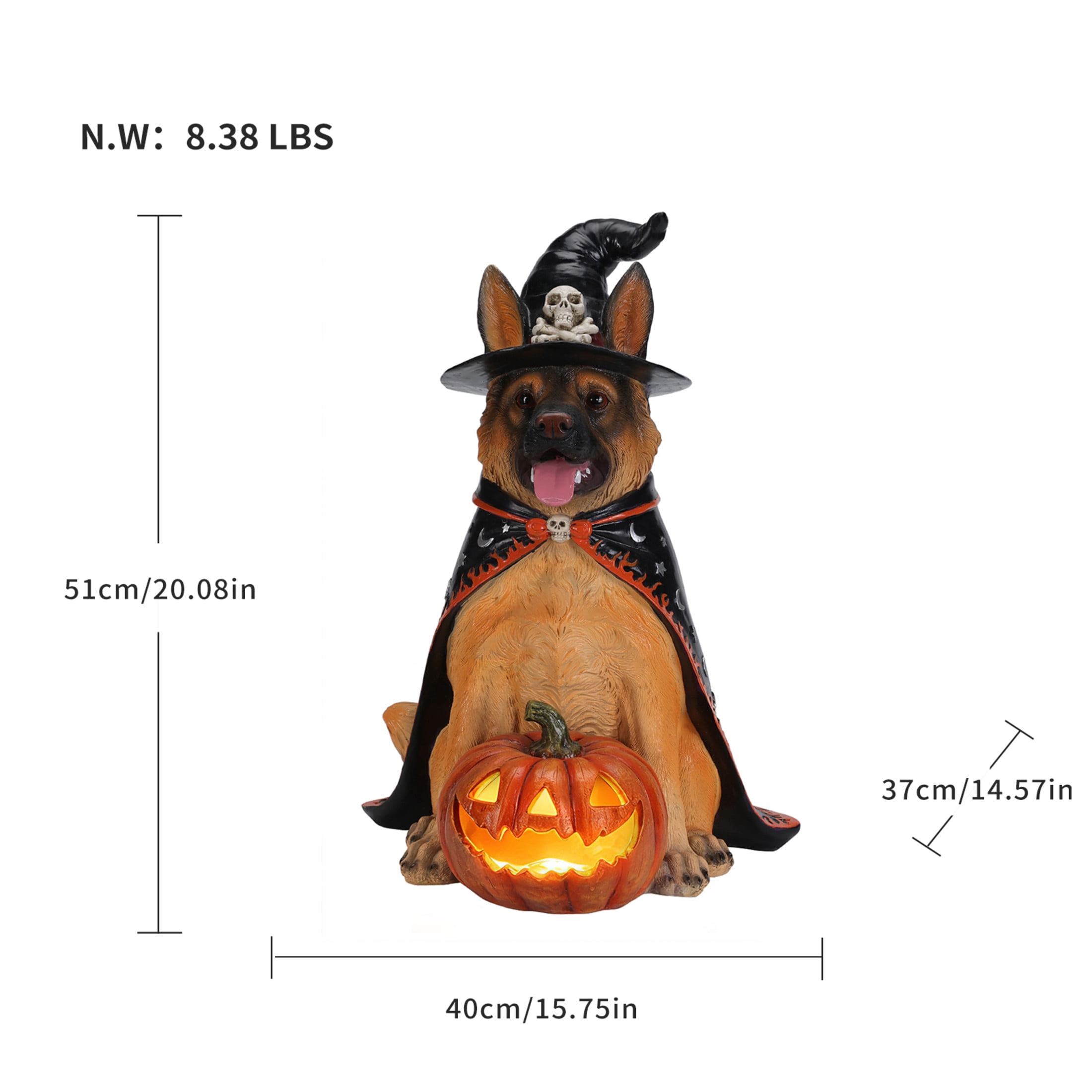 Noble House German Shepherd Witch Puppy Figurine with Pumpkin Lantern, Decorative Statue, Brown