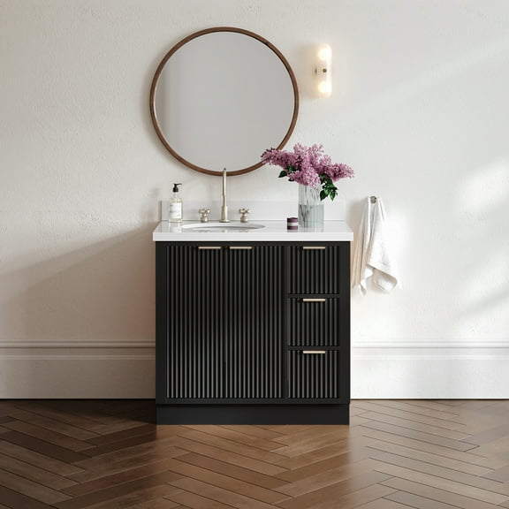 ARIEL Milan 37 Inch Left Offset Single Oval Sink Bathroom Vanity with Pure White Quartz Countertop 1.5 Inch in Black