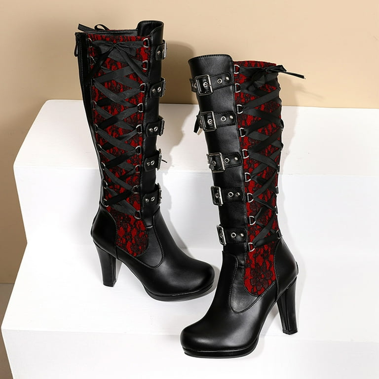 Honeeladyy Women's Lace Up Knee High Riding Combat Boots
