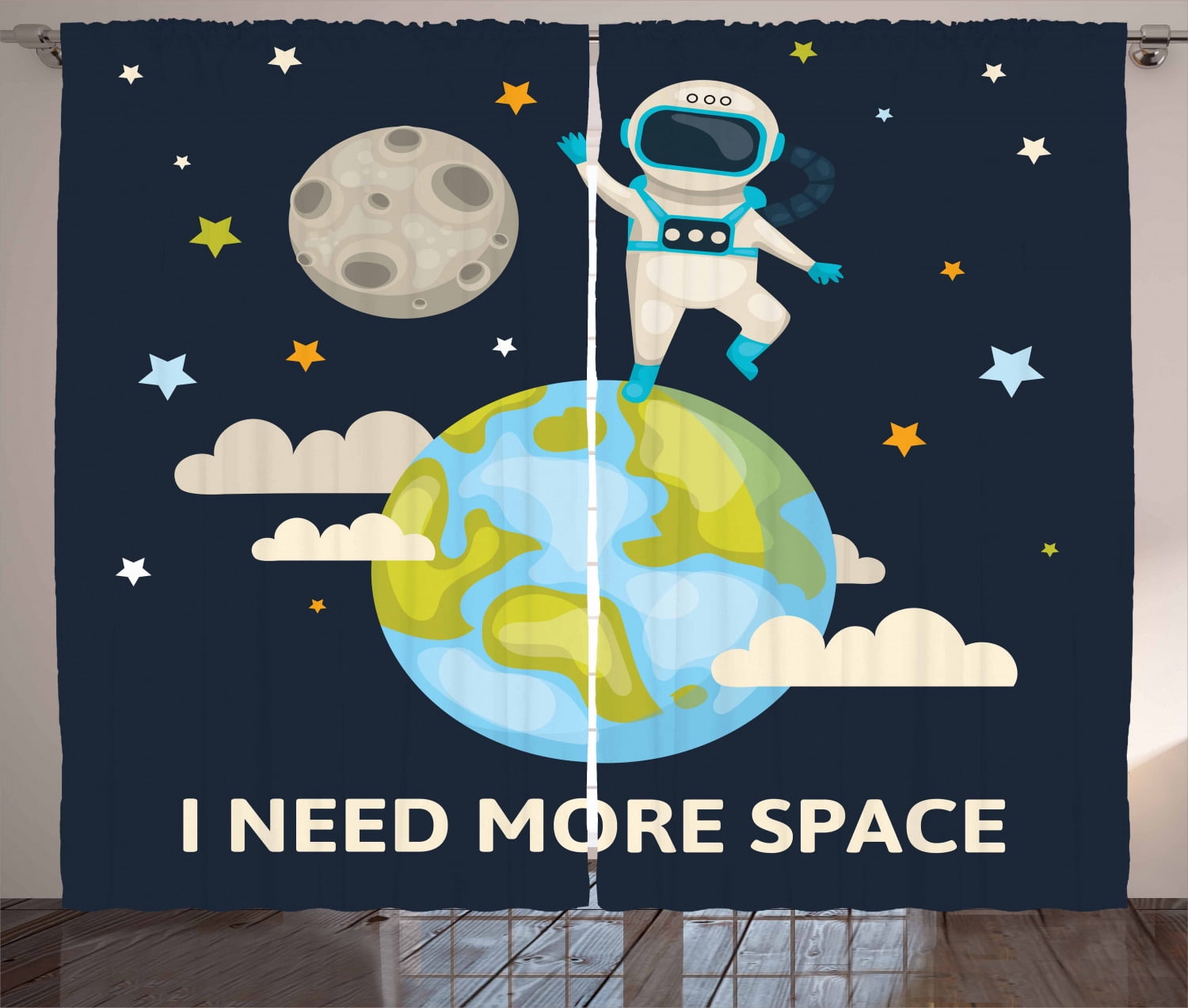 Fantasy Curtains 2 Panels Set, Spaceman Waving over Planet Earth Space ...