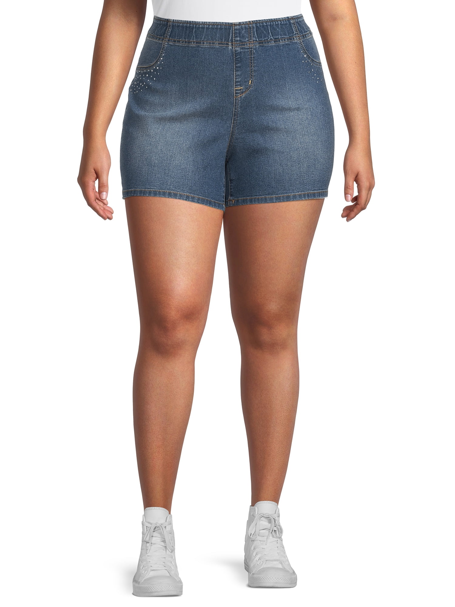 Plus Size Bling Pull-On Denim Shorts 