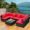 thumbnail image 1 of Gymax Ensemble de Conversation de Patio en Rotin 7 Pcs Ensemble de Meubles Sectionnels avec Coussin Rouge, 1 of 10