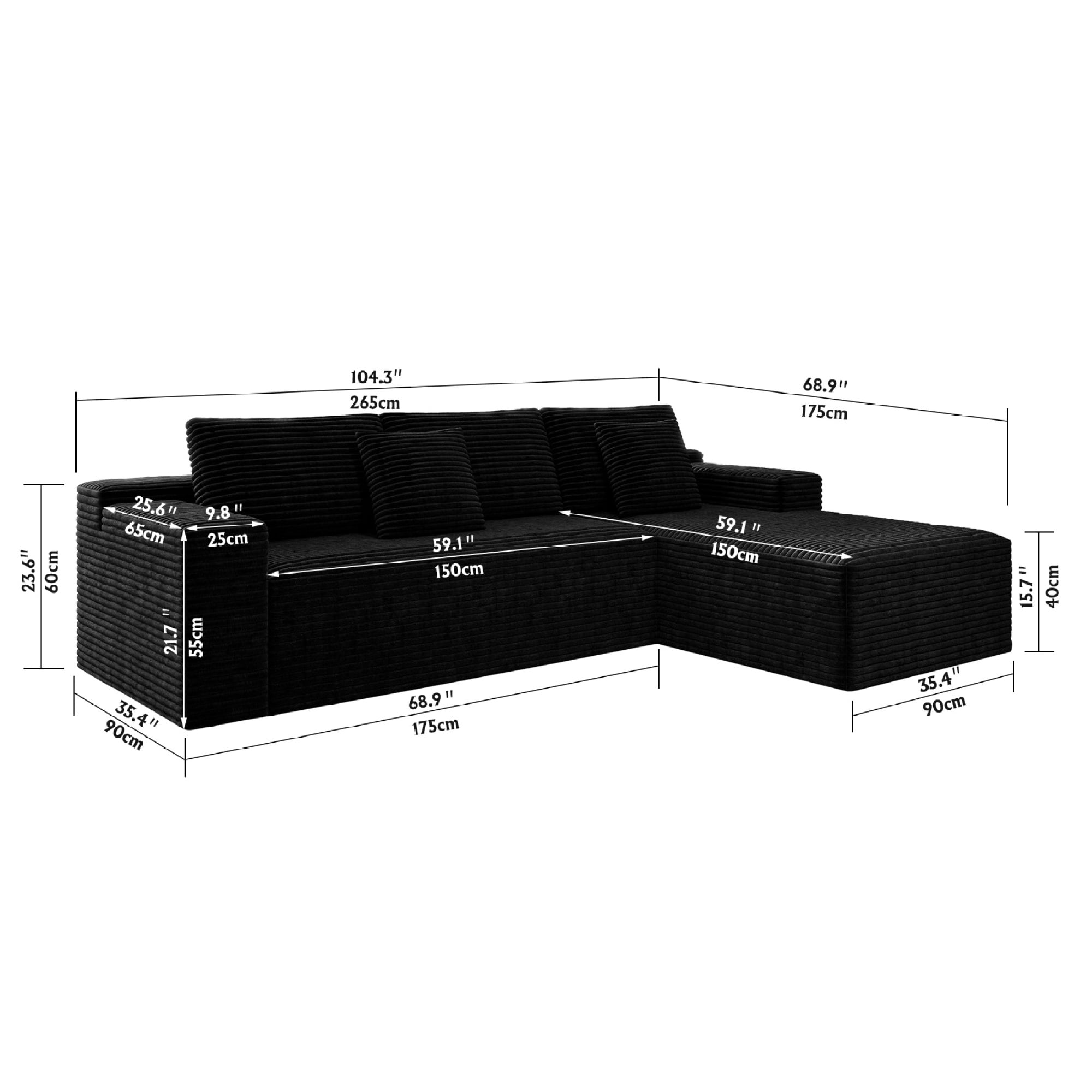 104" Modular Sectional Sofa,Oversized L-Shape Cloud Couch,Modern Corduroy Sleeper Couches Boneless Couches for Living Room,Bedroom,Apartmen,No Assembly Required,Black-Right Chaise