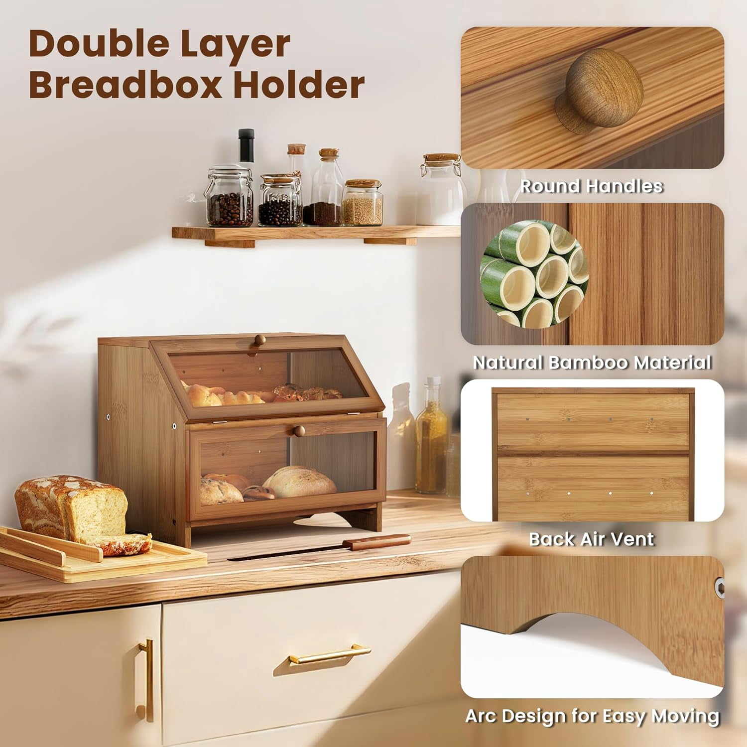 Double Layer Bamboo Bread Box for Kitchen Countertop, Large Capacity, Cutting Board, Stainless Steel Bread Knife, Double Layer Storage Container with Clear Windows, Walnut