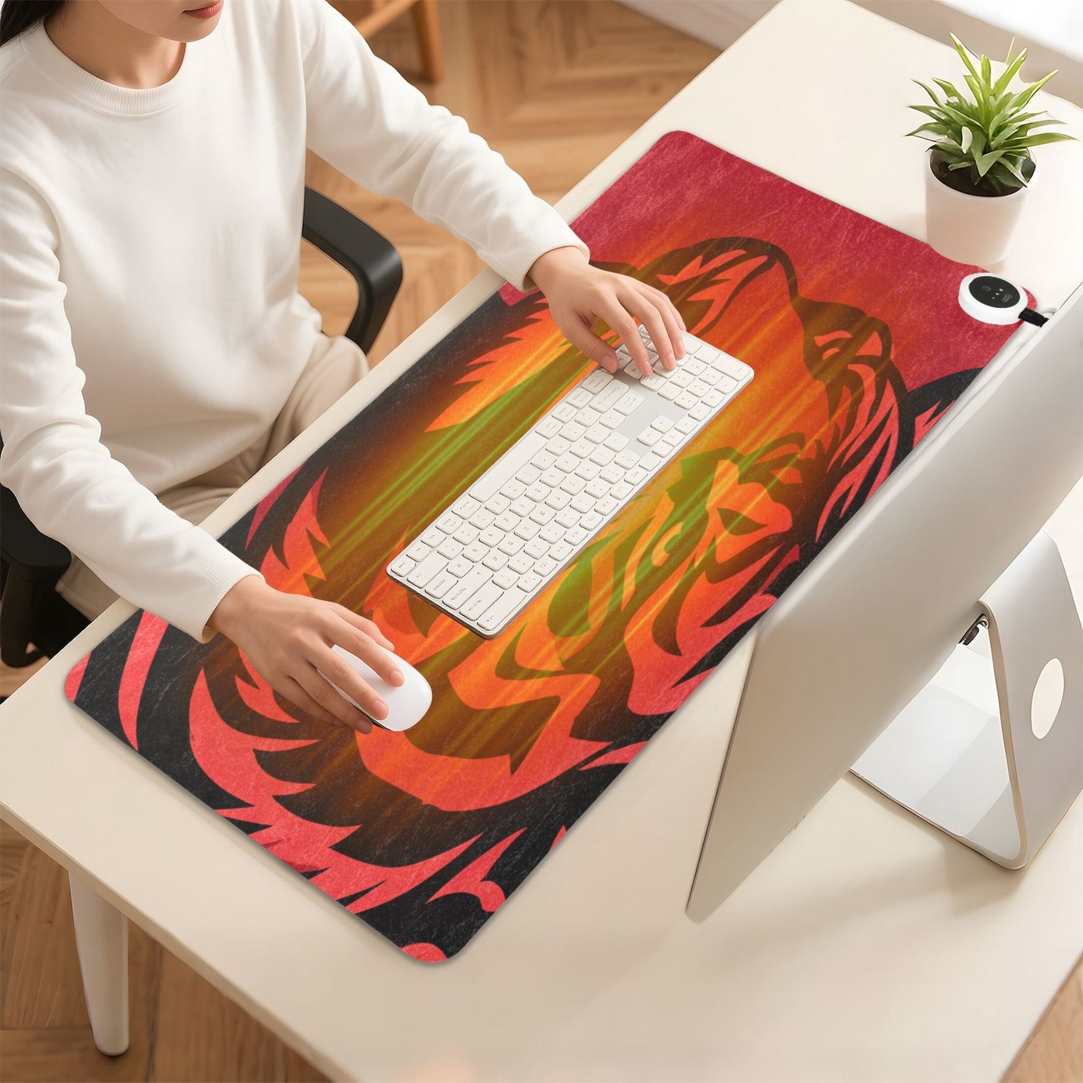 Large Heated Desk Mat Mouse Pad 31.5"x13"PU Leather Graphene Heating Desk Warmer with 3 Temperature Settings 110V US Plug Non-Slip Warm Pad for Home, Office, and Gaming Graphic Tiger Head Pattern