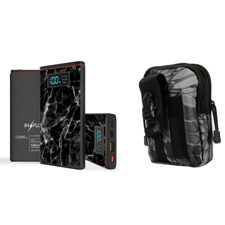 INFUZE Slim Pocket 12000mAh Portable Charger Dual (USB-A, USB-C) 18W QC 3.0 Power Bank (Black Marble), Tactical Organizer Pouch (Python) for Samsung Galaxy J3 (J3 V 3rd Gen, Star,
