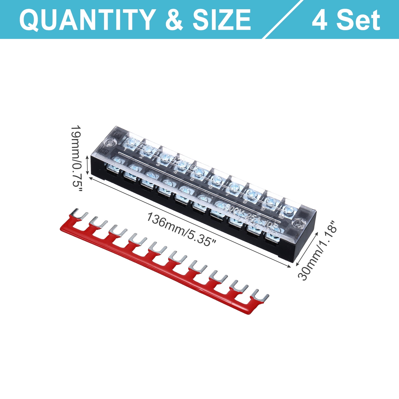 Uxcell 4 Pcs Dual Row Terminal Block, 600V 25A 10 Positions Screw Terminal Block with 4PCS Pre-Insulated Barrier Strips for Power System, Home Appliances