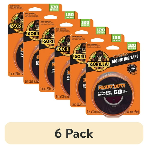 (6 pack) Gorilla Heavy Duty Double Sided Mounting Tape, Black Tape, 1" x 120"