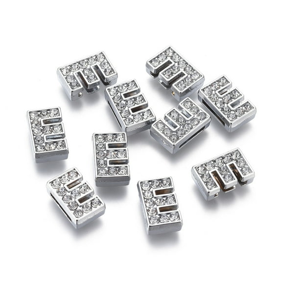 20 pc Alloy Initial Slide Charms with Grade A Rhinestones for Personalized Name Necklaces Making Lead Free Nickel Free Platinum Letter.E 12~13x8~13x4~5mm Hole: 8x2mm Material: Alloy Rhinestone