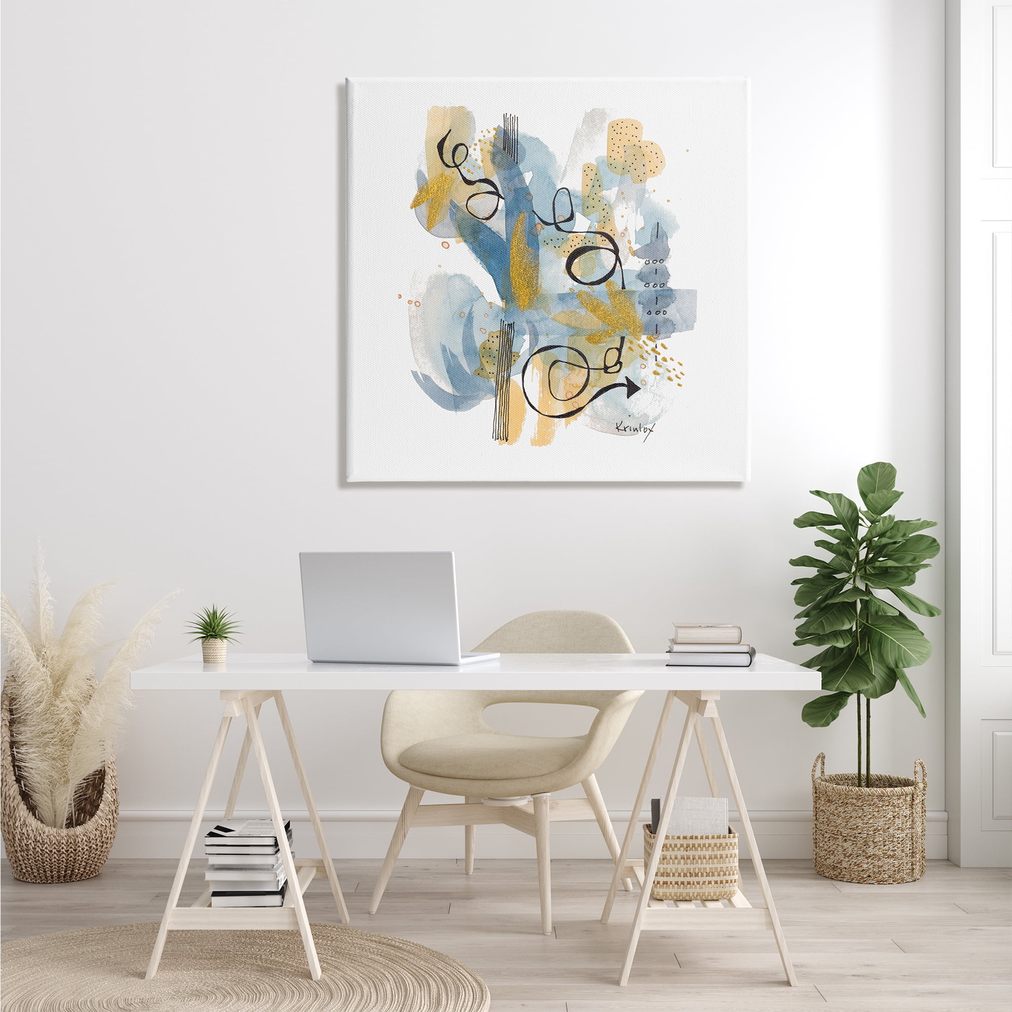 Stupell Industries Modern Directional Arrow Abstraction Blue Yellow Watercolor Abstract Painting Gallery Wrapped Canvas Print Wall Art, 36 x 36