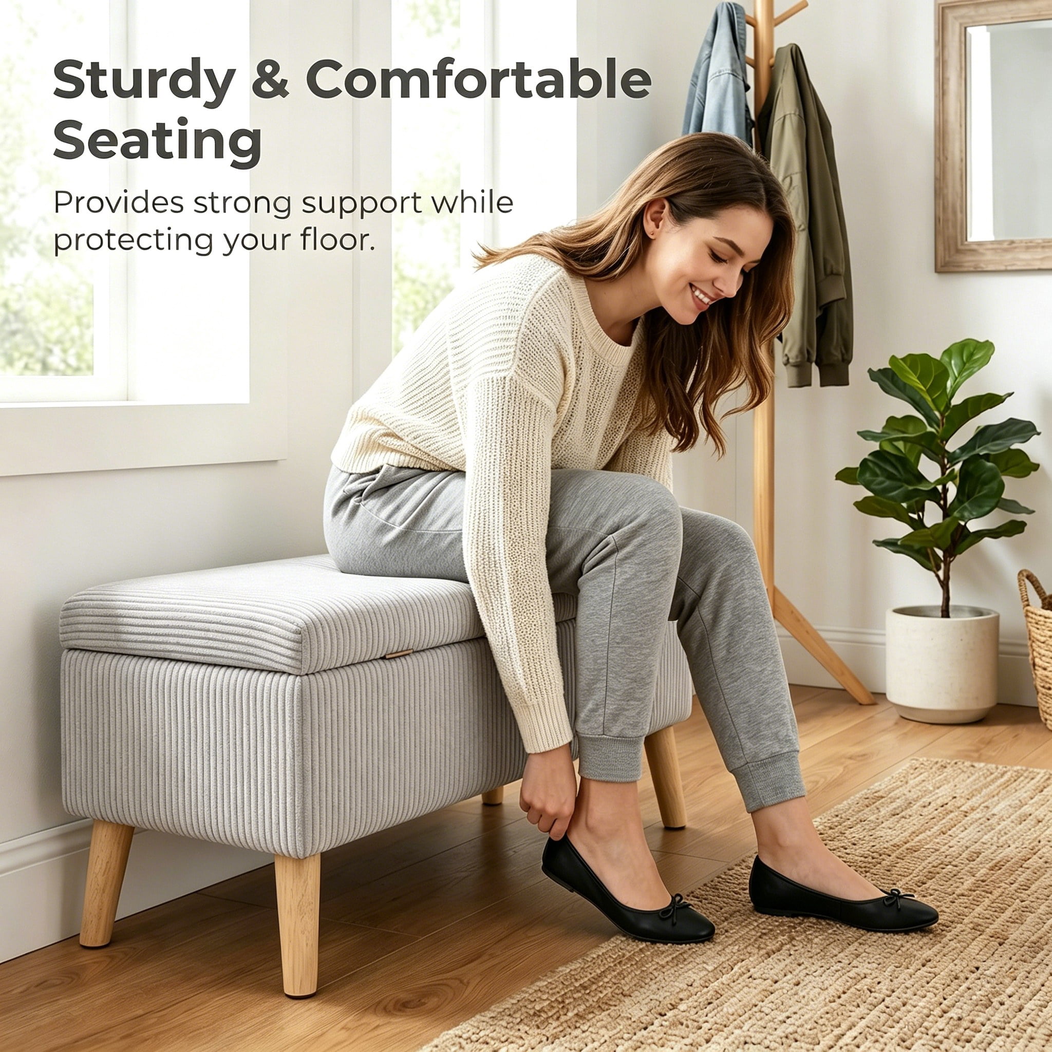 32 inch Wide Olive Beige Corduroy Storage Ottoman Bench with Wooden Legs, Flip-Top Storage Box, Soft Upholstered End of Bed Bench, Footrest & Shoe Bench for Bedroom, Living Room, Entryway