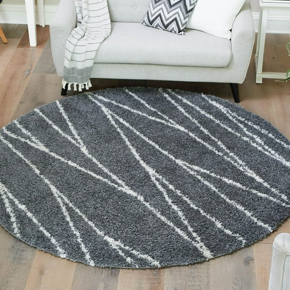 Unique Loom Serenity Shag Collection Area Rug - Castries (5' 3" Round Gray/Ivory)