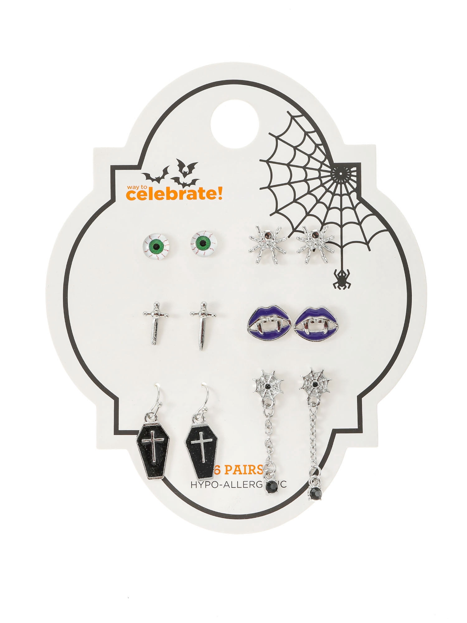 Way to Celebrate Haunted Icons Halloween Silver Earring Set, 6 Pairs