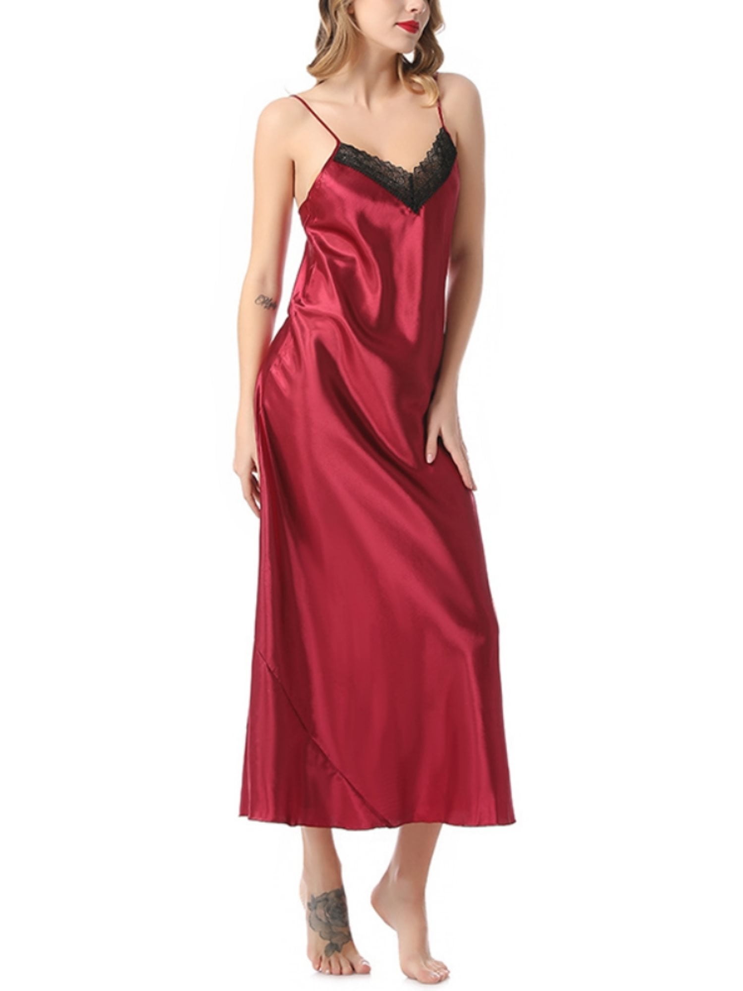 Sunsent Satin Long Nightgowns for Women Silk Lace Chemise Sleepshirt ...