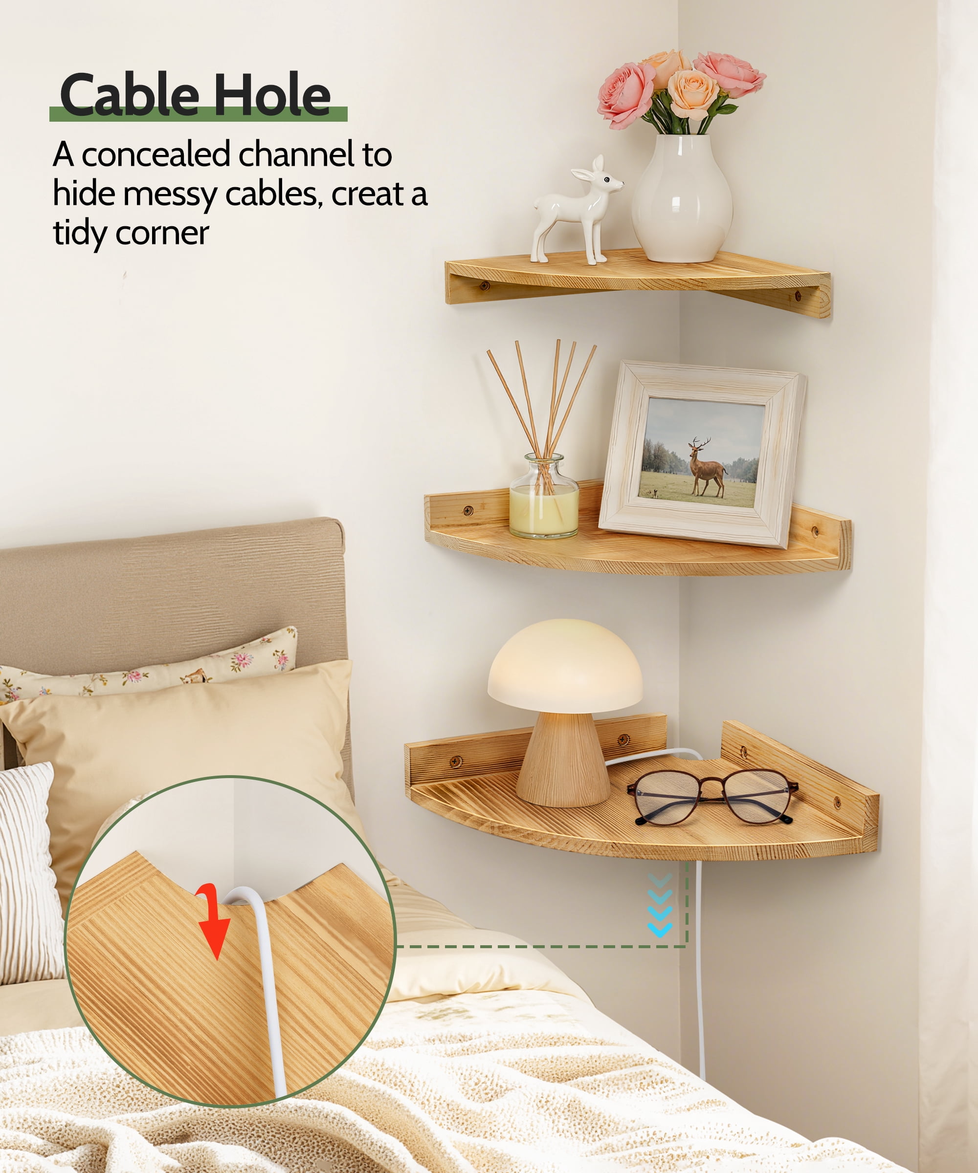 Afuly Floating Corner Shelf for Wall, Large Corner Shelves Solid Pine Wood Wall Mounted Corner Shelf With Cord Hole, 3 Set (10.8In/11.4In/12In)