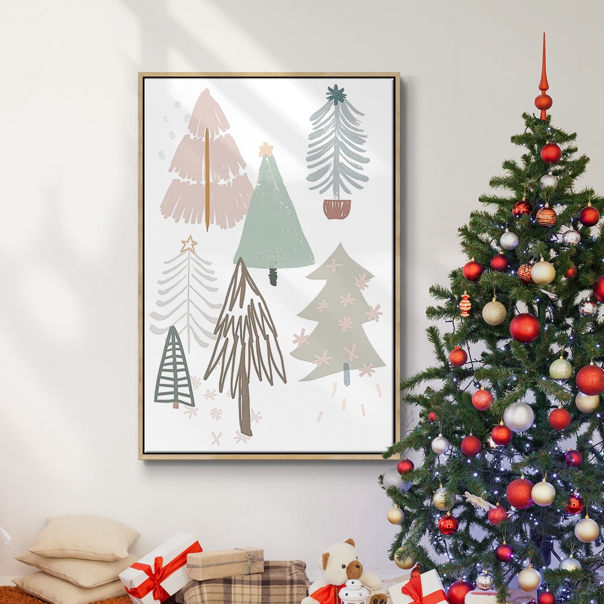 Christmas Tree Sketchbook Collection B - Framed Gallery Wrapped Holiday Canvas - 17 x 25 - Natural Wood Frame