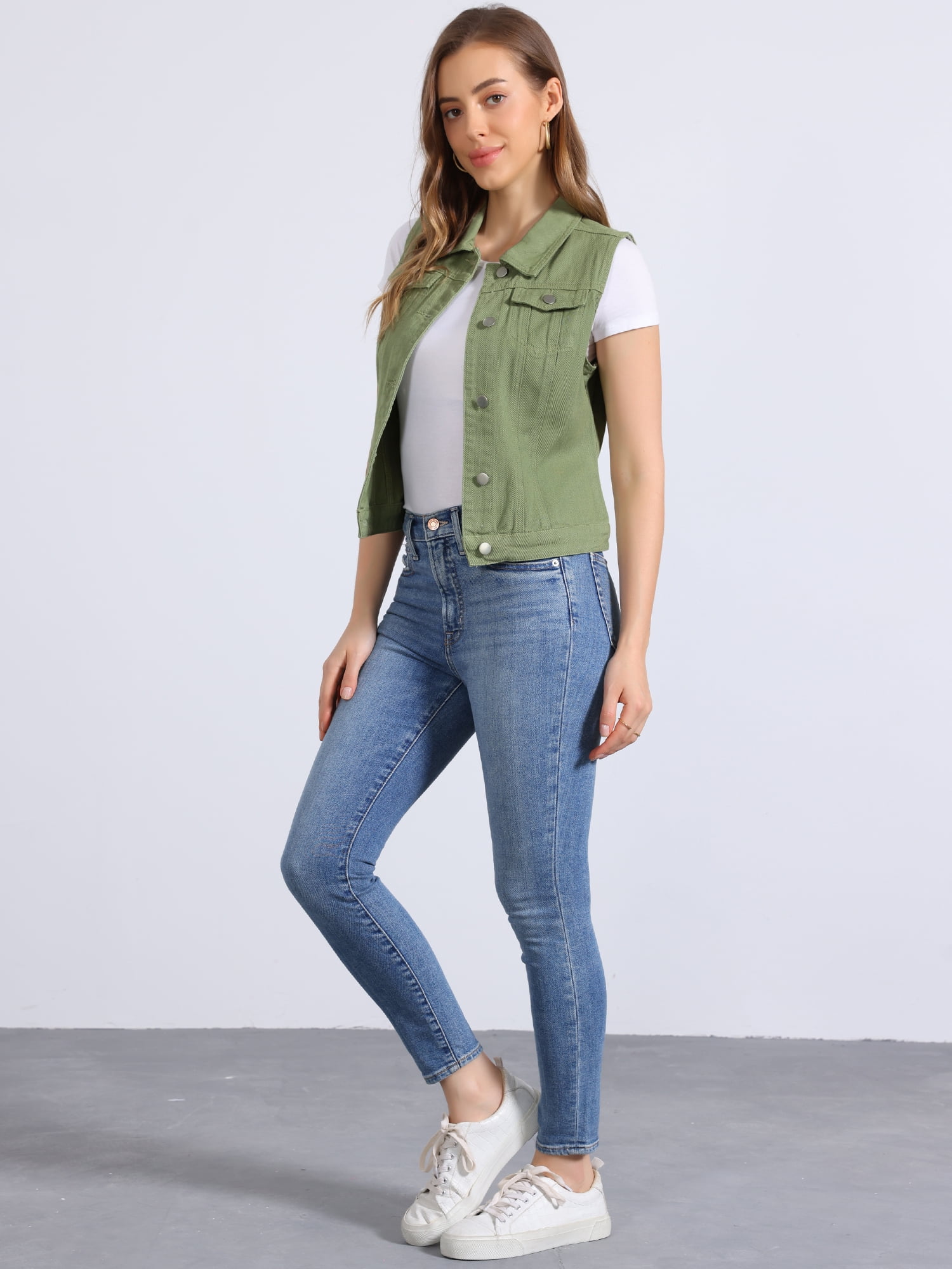 DARING DIVA Women's Denim Sleeveless Flap Pockets Vest Jacket M Pea Green