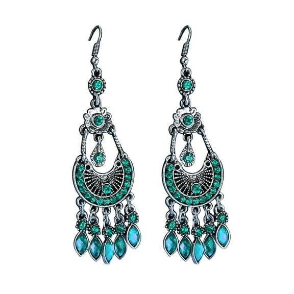 Ayyufe Bohemian Women Rhinestone Crescent Moon Long Fringe Hook Earrings