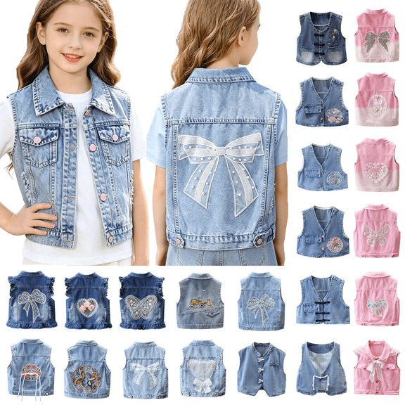 DJDLJWCJ Girls Denim Vest Tops (18M-14Y) Collared Sleeveless Button Down Jean Waistcoat with Pockets Fall Outerwear Blue Size 18