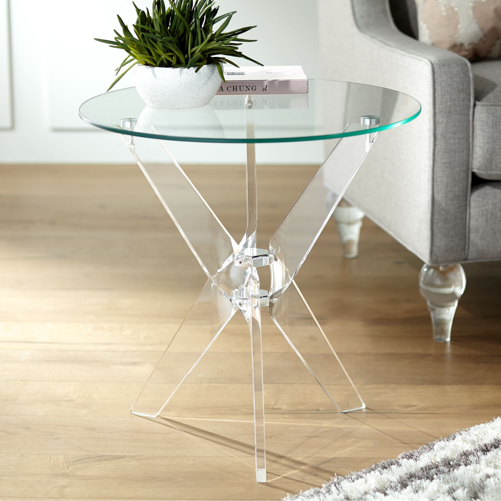 Studio 55D Modern Acrylic Round Accent Table 22" Wide Clear Tempered Glass Tabletop for Living