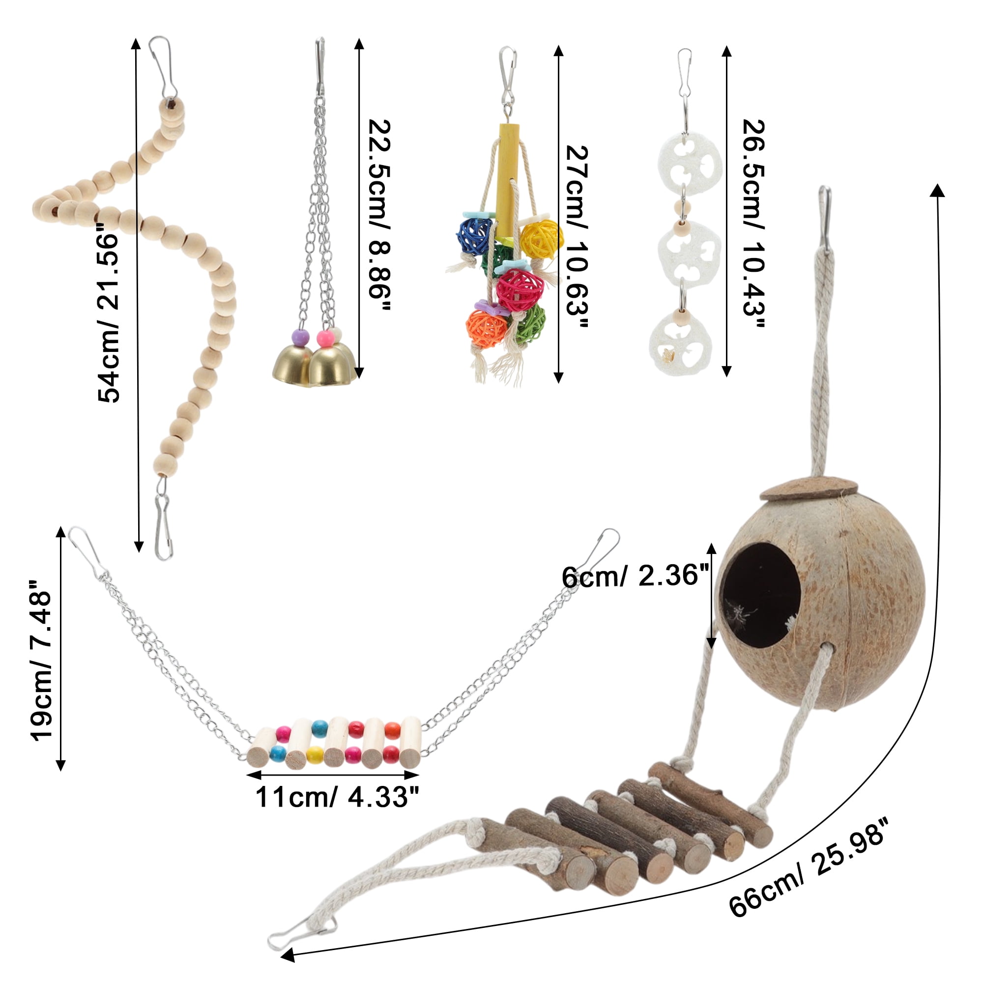 Unique Bargains Cockatiel Toys Bird Toys 6 Pcs Multifunctional Natural Coconut Hideaway with Ladder Swing Hanging Bell Toy Parrot Toys Bird Cage Accessories