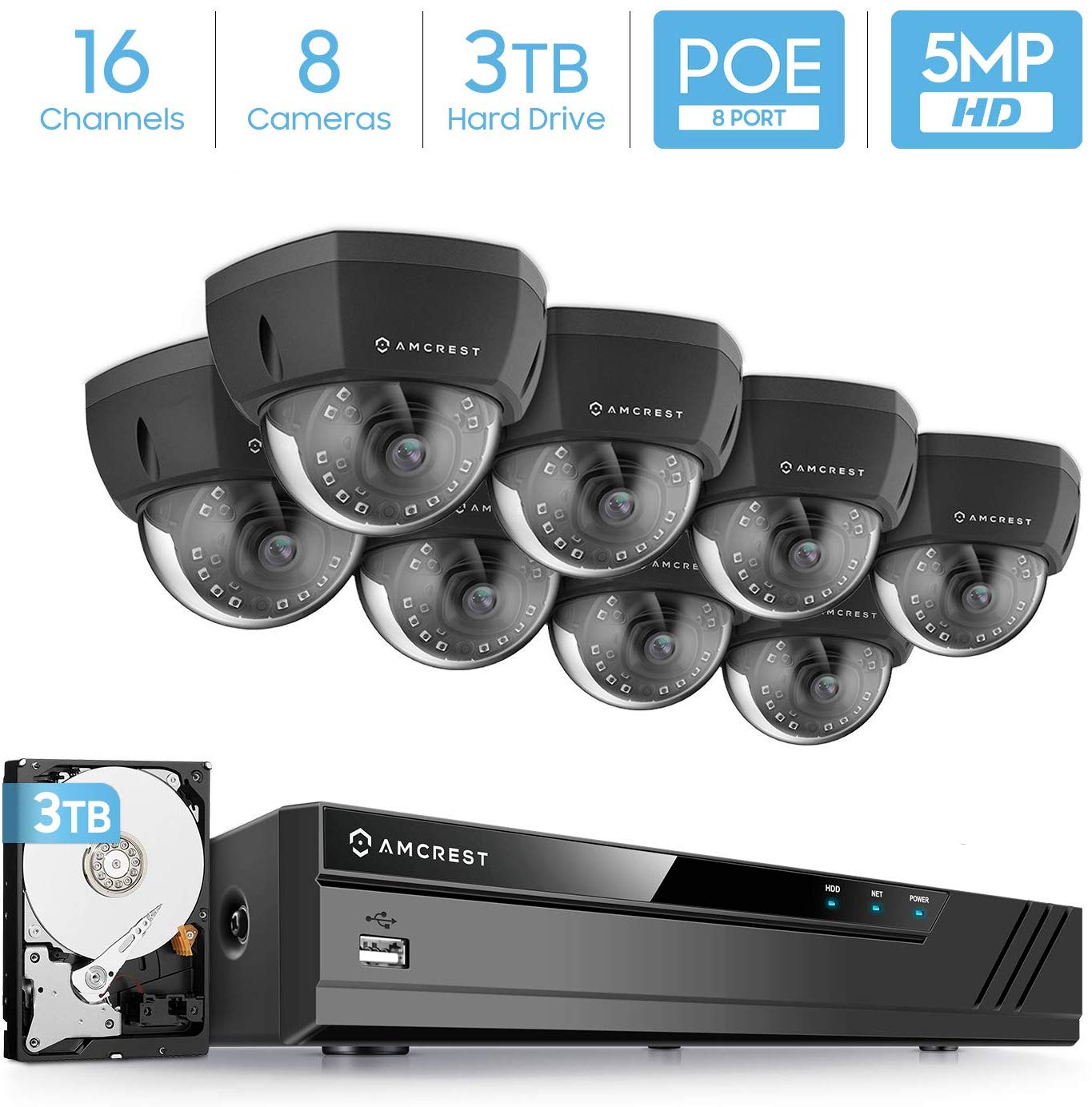 Amcrest 5MP Security Camera System, 4K 16CH (8Port PoE) NVR, (8) x 5