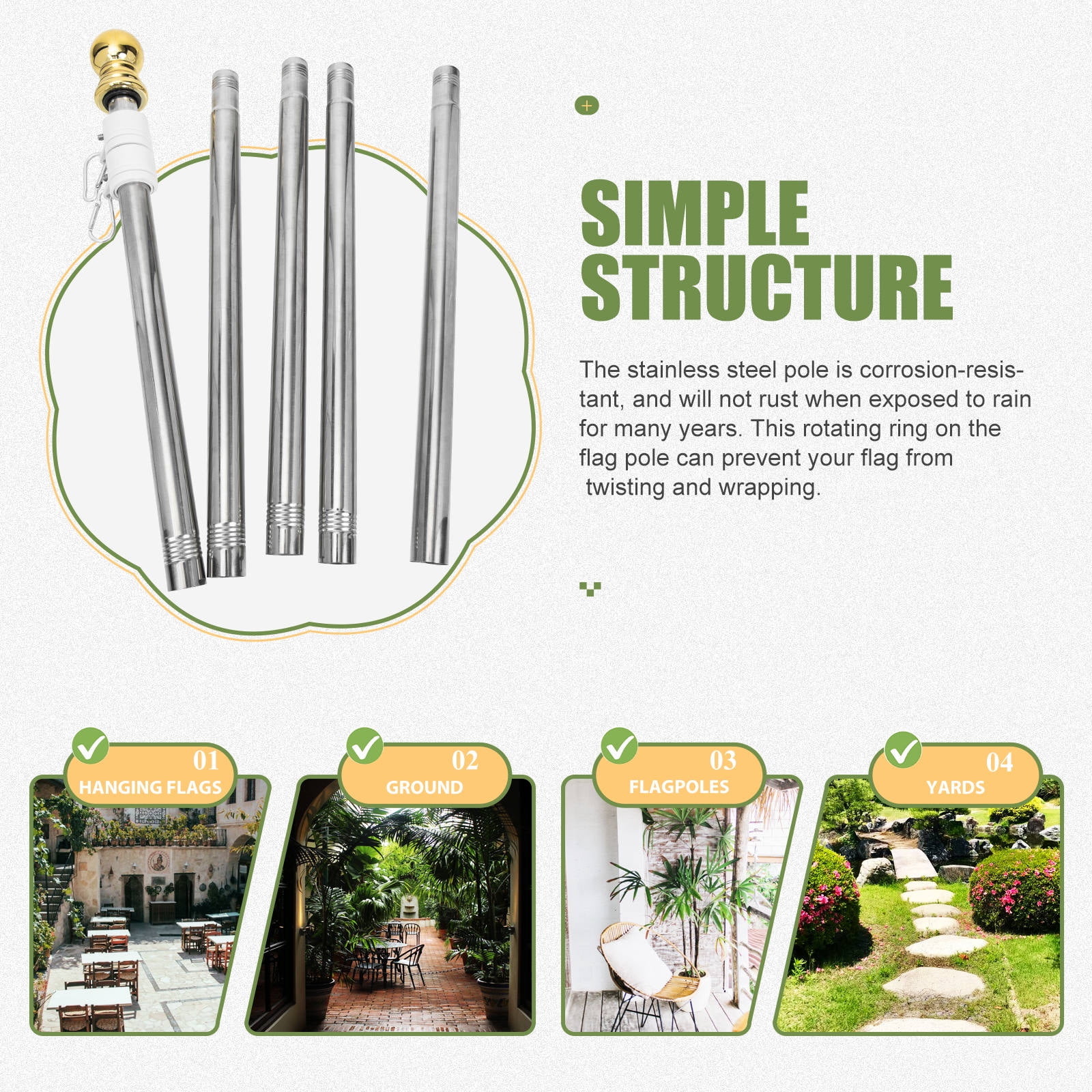 SEWOART 1Set Stainless Steel Flagpole for Outdoor Use Rustproof Metal Pole with Free Rotation Anti Winding Ring