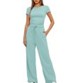 thumbnail image 2 of Lovskoo 2024 Lounge Sets for Women 2 Piece Casual Solid Y2K Outfits Short Sleeve Round Neck Cropped Tops Straight Leg Pants Comfy Loungewear Light Blue L, 2 of 8