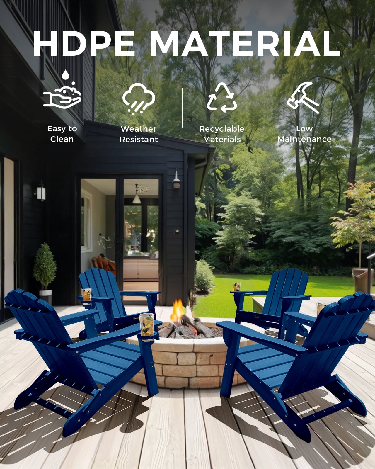 Folding Adirondack Chair set of 4, HDPE Patio Adirondack Chair with 2 Cup Holders, All-Weather Outdoor Chairs, Fire Pit Chairs for Patio, Garden, Poolside, Navy Blue