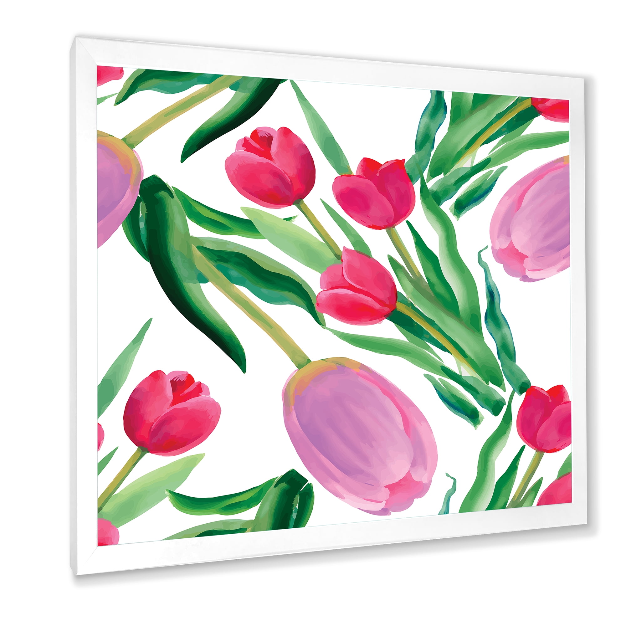 Designart 'Blooming Beautiful Pink Tulips Flowers On White' Traditional Framed Art Print
