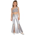 thumbnail image 4 of YiZYiF Kids Girls Shiny Disco Hippie Jazz Dance Outfits One Shoulder Sequins Crop Top and Split Bell-Bottom Leggings Silver 10, 4 of 7