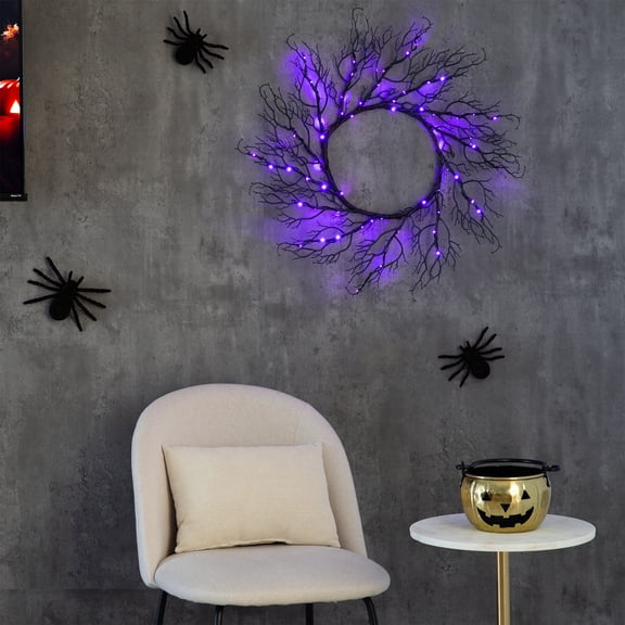 Nearly Natural Pre-Lit Black Artificial Halloween Wreath - 23" - Dual Color LED Lights