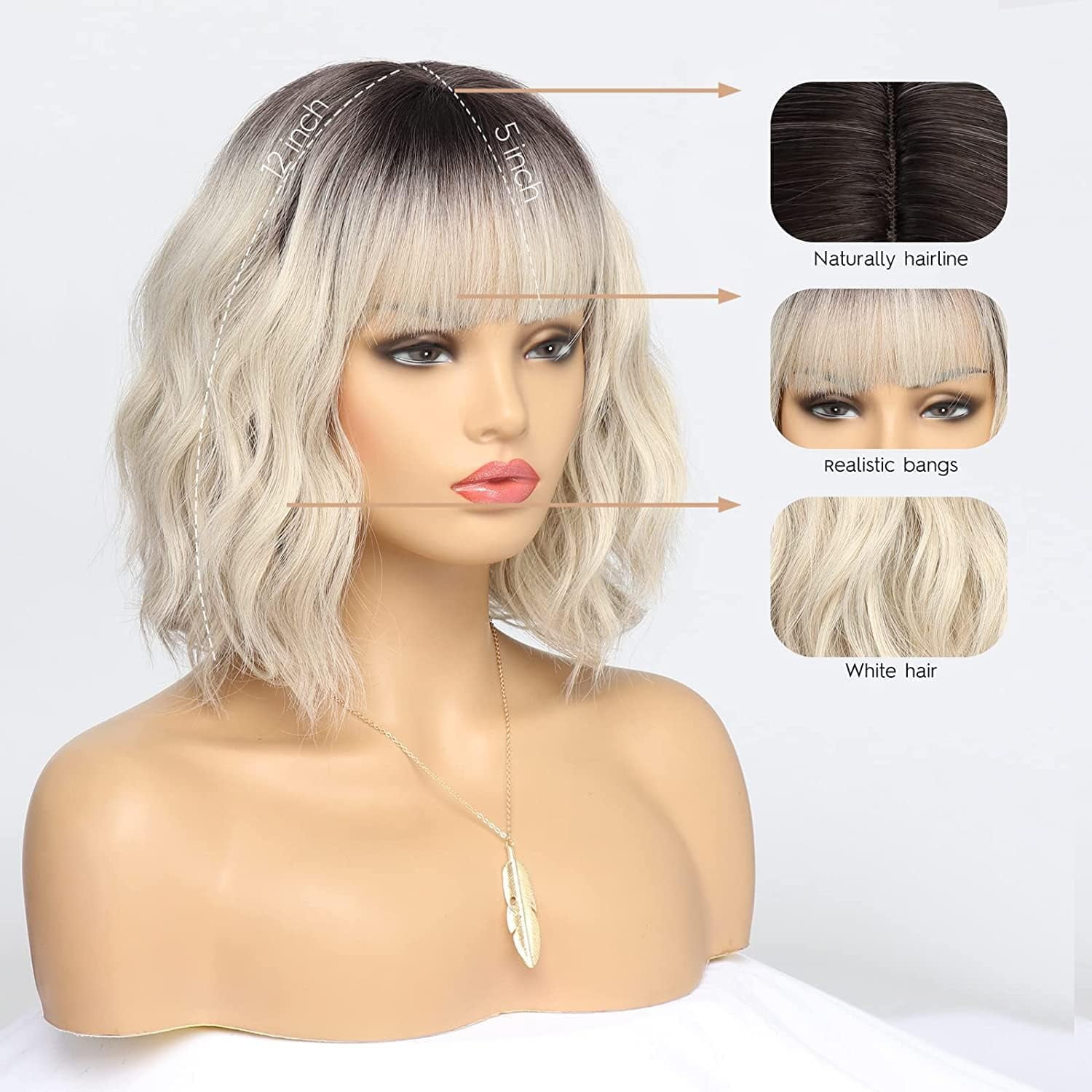 SUCS Short Wigs for Women Grey Wavy Bob Wig with Bangs Medium Length Synthetic Hair Water Wave Dark Roots Wig Gray Colorful Wigs（12 Inches）