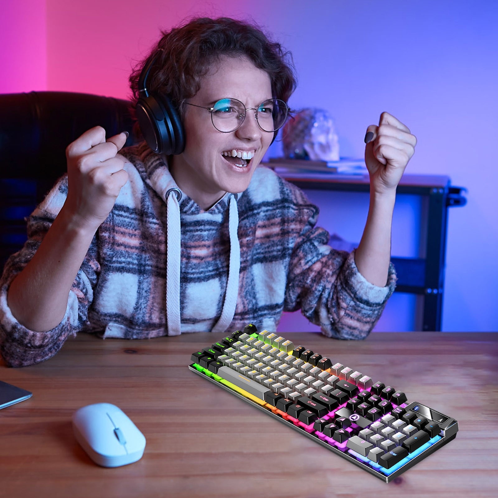 Gaming Keyboard USB Wired, Floating Ergonomic Mechanical Feeling Keyboard, Dual-Color Mixed Light Backlit for Desktop Computer