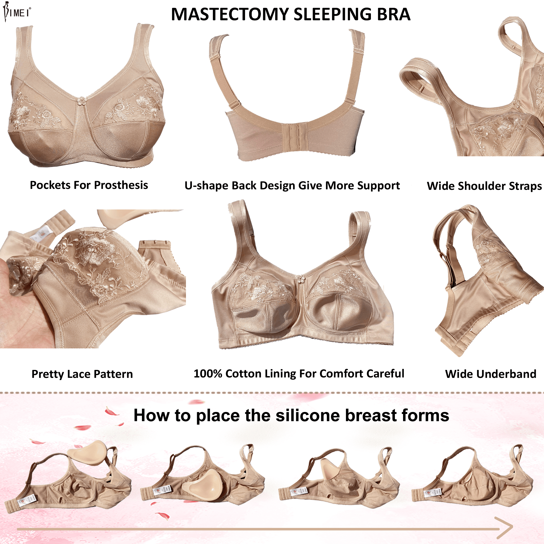 BIMEI Women's Mastectomy Bra Pockets Wireless Post-Surgery Invisible Pockets  for Breast Forms Flower Embroidery Everyday Bra Sleep Bra 2118,Beige, 42B 