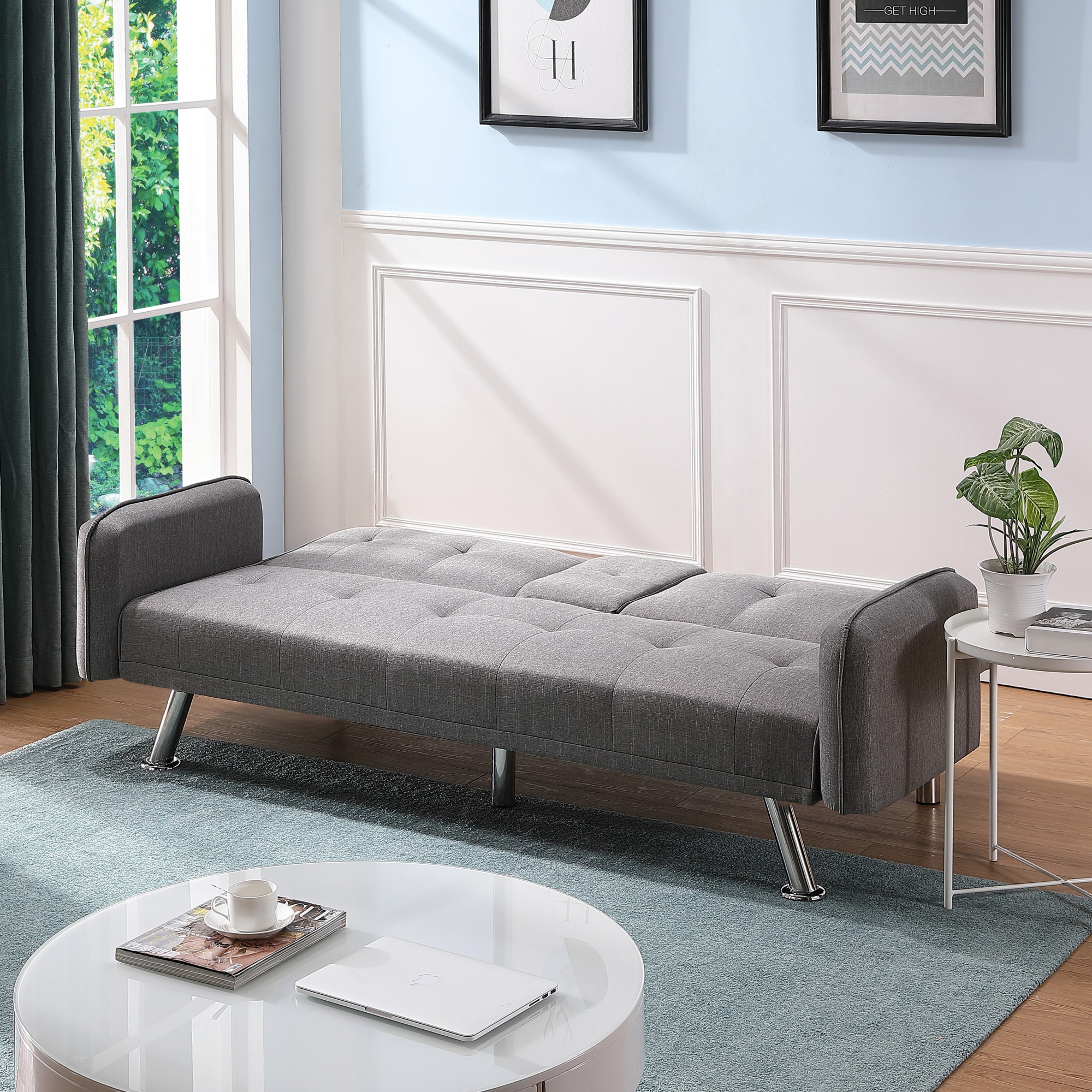 Gewnee 74.4” Futon Sofa Bed with 3-Angle Adjustable Backrest & Cup Holders,Twin Sleeper Sofa with for Home,Office,Guest Room(Light Grey）
