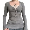 thumbnail image 4 of Miluxas Women Fashion Slim Fit Tops Lace Button Square Neck Long Sleeved T-Shirt for Daily Wear Gray, 4 of 9