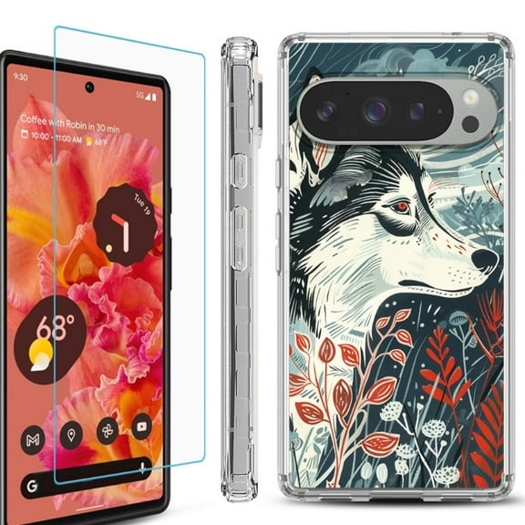 For Google Pixel 9 / 9 Pro Phone Case Cover, Shockproof Bumper Case with Tempered Glass Screen Protector, by OneToughShield - Calm Husky
