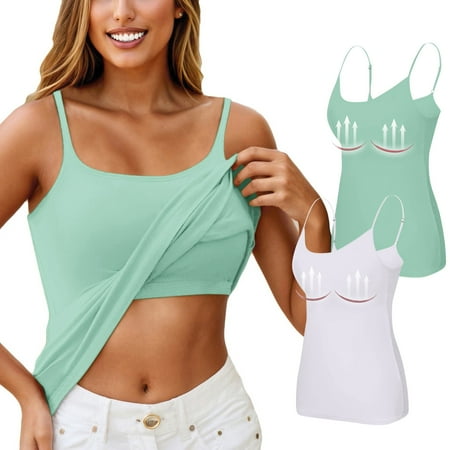 2 Piece Womens Tank Tops with Built In Bra Shelf Bra Camisoles Adjustable Spaghetti Strap Tank Tops Workout Basic Padded Undershirts