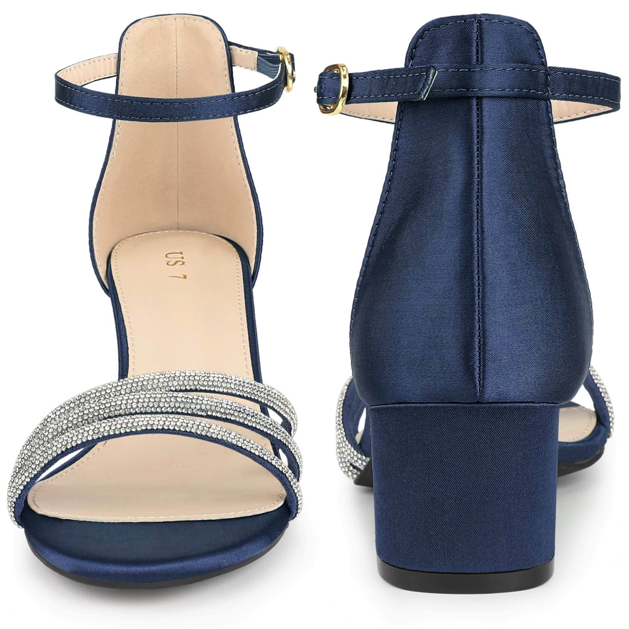DARING DIVA Satin Rhinestones Open Toe Chunky Heel Sandals for Women Navy Blue 7.5