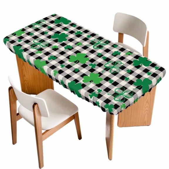 St. Patrick's Day Table Cloths for 5 Foot Rectangle Tables, Spring Green Shamrock Black Plaid Beige Patio Waterproof Elastic Fitted Tablecloths, Washable Rectangular Table Cover for Camping