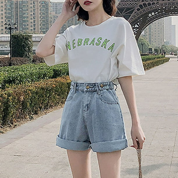 Flmtop Jeans Shorts High Waist Button Women Wide Leg Loose Fit Denim Shorts  for Travel 