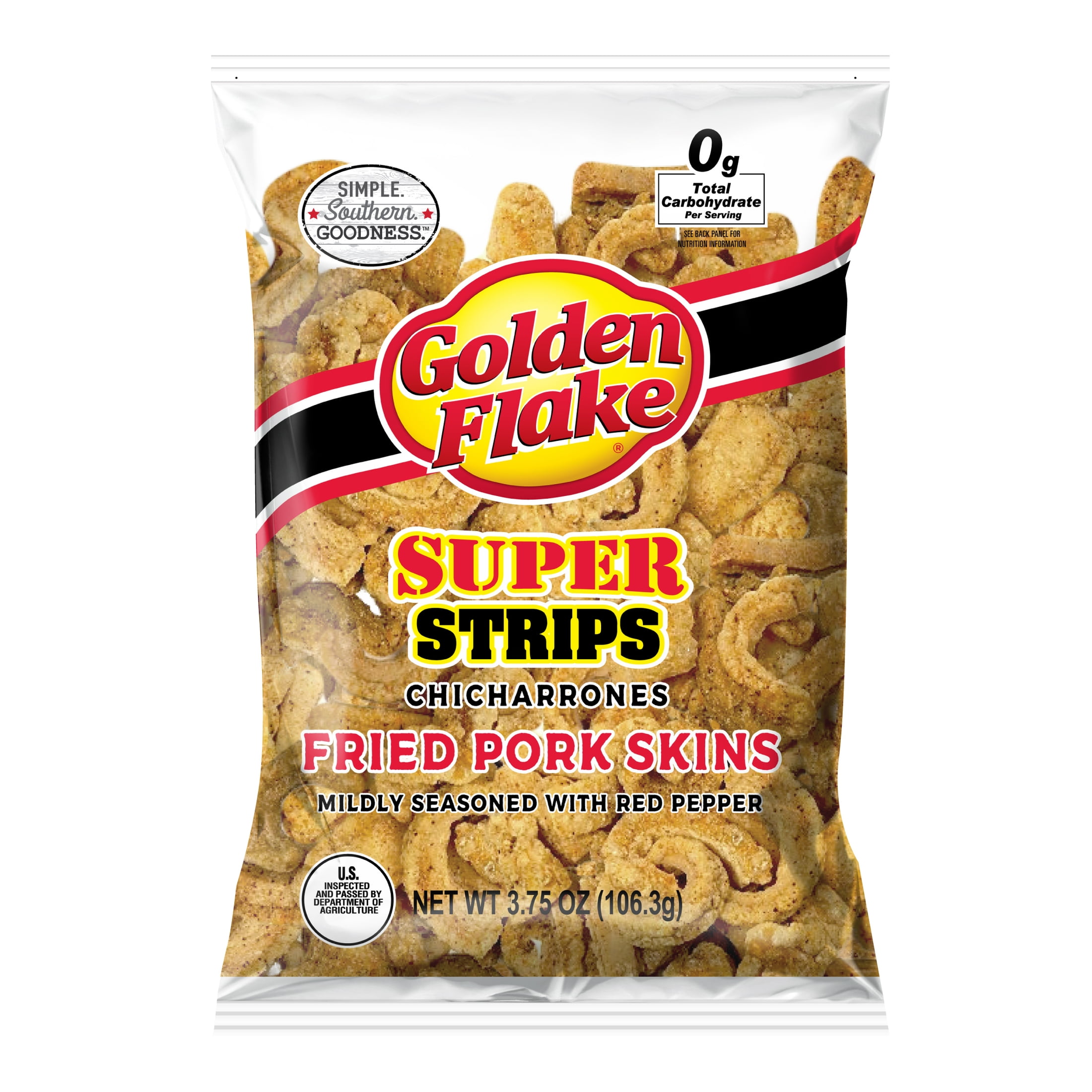 (4 pack) Golden Flake Super Strips Red Pepper Fried Pork Skins, 3.75 oz Bag