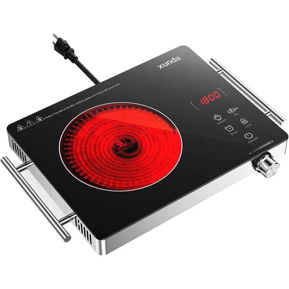 xunda 1800W Portable Electric Stove, 110v Electric Burner with Carry Handle Hot Plate, Ceramic Infrared Single Burner Cooktop, Touch & Knob Control T
