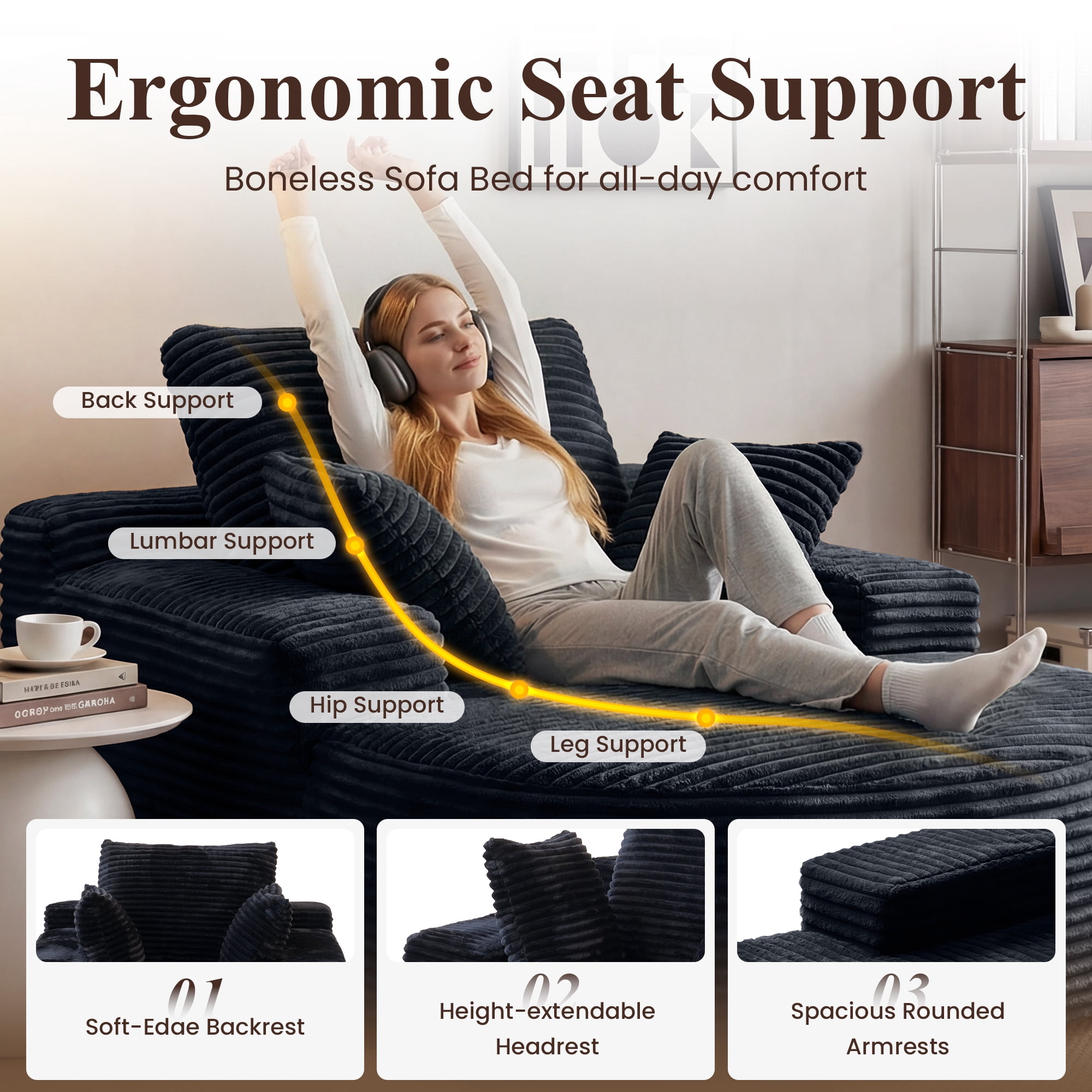 Sdorens 67" Chaise Lounge Chair Indoor,Oversized Corduroy Upholstered Boneless Sofa Bed,Deep Seat Sleeper Couch Reading Chairs Cloud Sofas Couches for Living Room, No Assembly Required (Black)