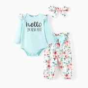 PatPat Baby Girl Clothes Floral Romper Long Sleeve Pants Headband Set Summer Winter Clothing for Newborn Infant Baby Girls Mint Mambo Mint Mambo Mint Mambo 0-3 Months