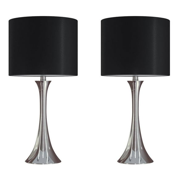 24" Polished Nickel Table Lamp Set w/ Black Silk-Like Shade (Set of 2)