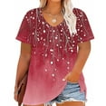 thumbnail image 2 of Staron Summer T-Shirts for Women Plus Size V-Neck Casual Vintage Print Short Sleeve Loose Basic Tee, Red 4XL, 2 of 5