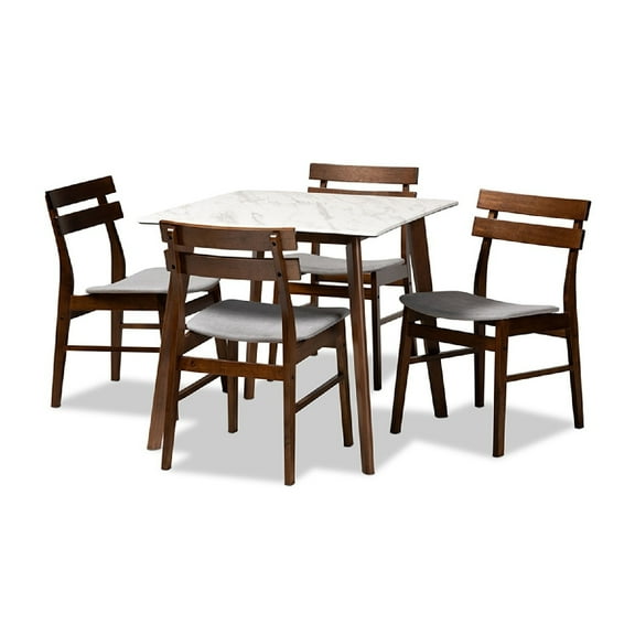 Baxton Studio Richmond Mid-Century Modern Grey Upholstered and Walnut Brown Finished Wood 5-Piece Dining Set with Faux